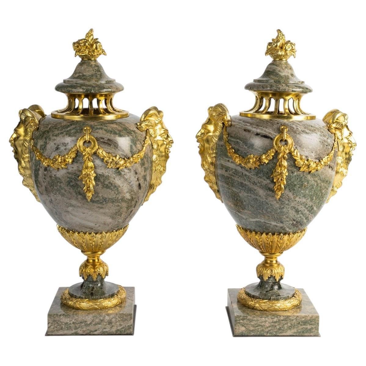 Pair Of Green Granite Cassolettes With Gilded Bronze, Louis XVI Style.