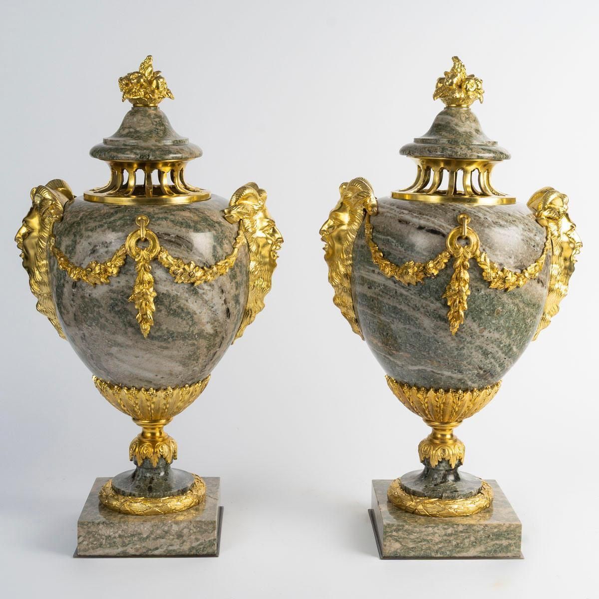 Pair Of Green Granite Cassolettes With Gilded Bronze, Louis XVI Style. photo furniture