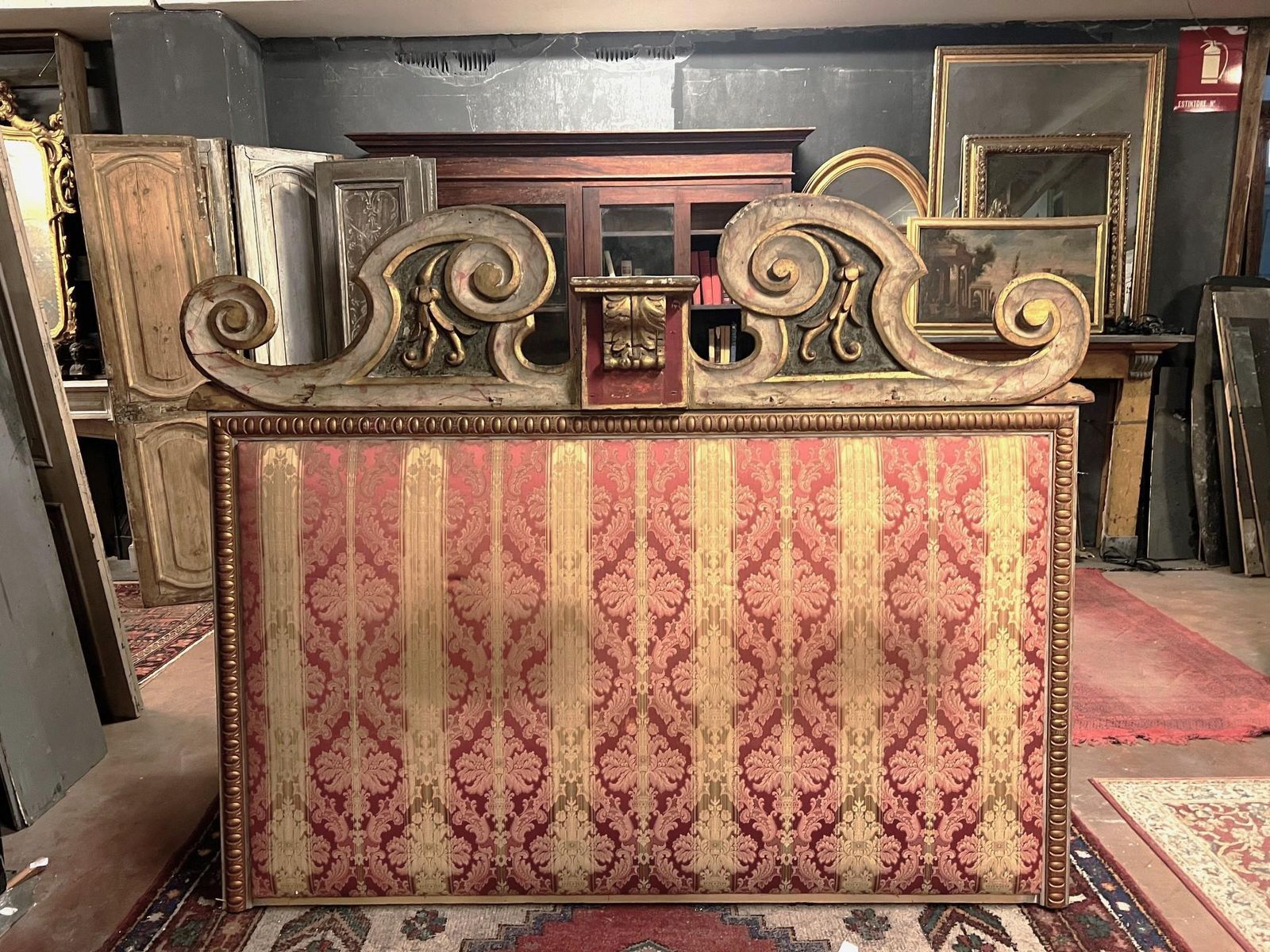 Carved, Lacquered And Damask Lined Bed Headboard, Italy photo furniture