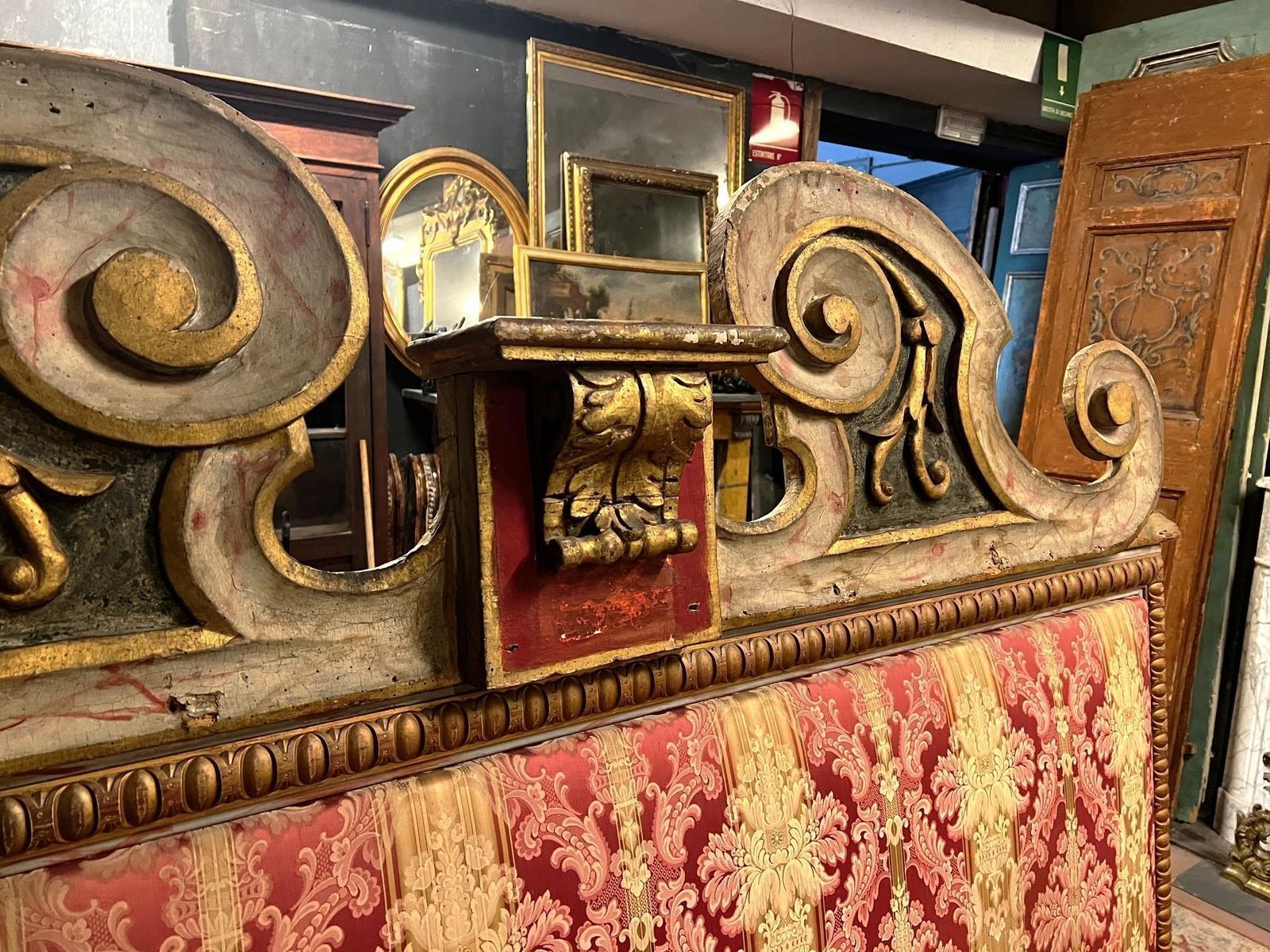 Carved, Lacquered And Damask Lined Bed Headboard, Italy photo vinterior