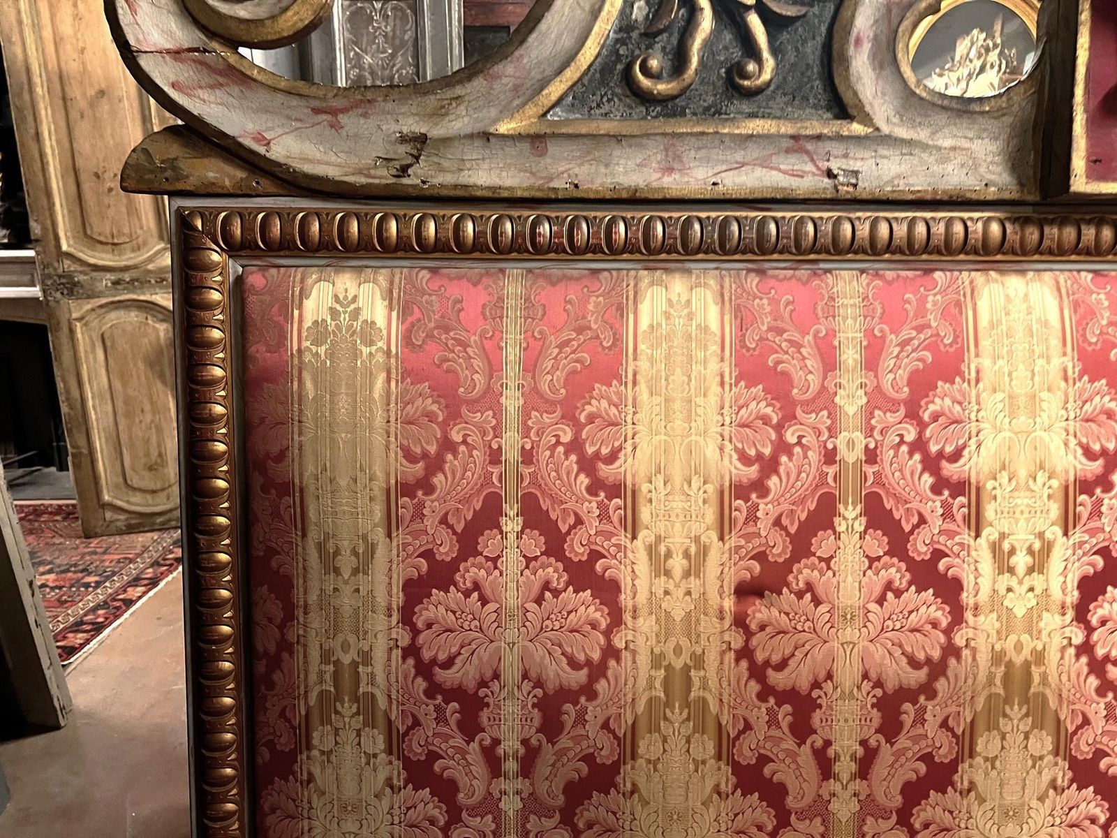 Carved, Lacquered And Damask Lined Bed Headboard, Italy photo vintage