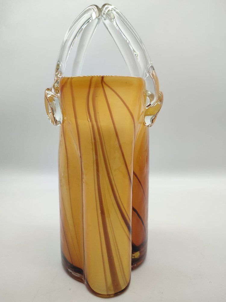 Large Mid Century Modern Sommerso Art Glass Basket Vase In Amber And Brown, 1970s photo buy