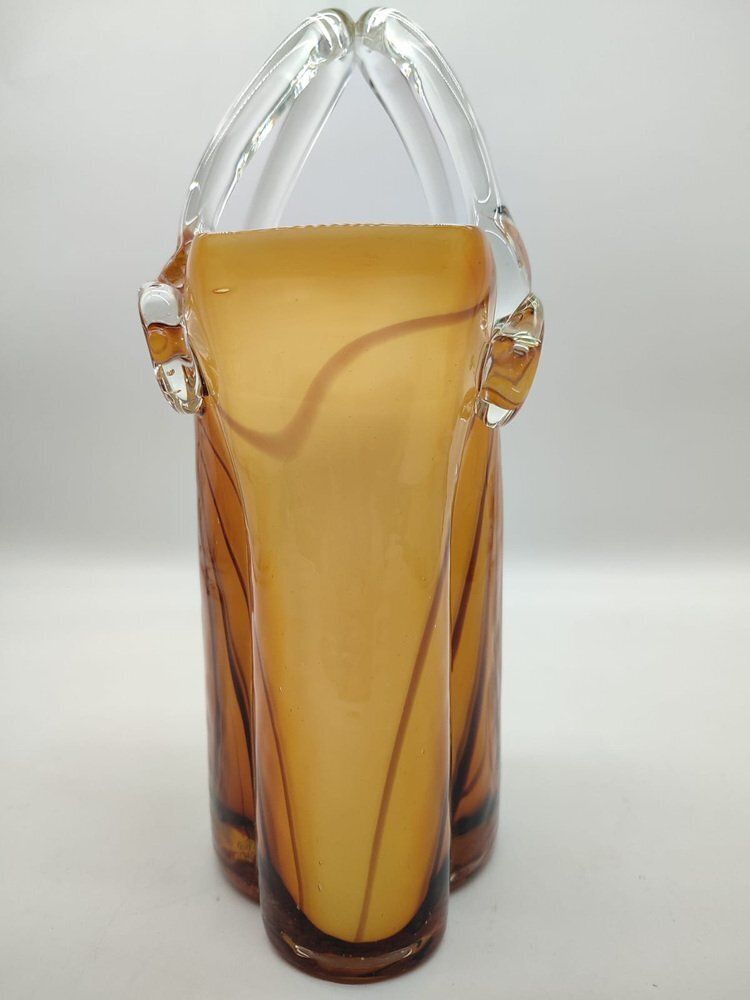 Large Mid Century Modern Sommerso Art Glass Basket Vase In Amber And Brown, 1970s photo vintage