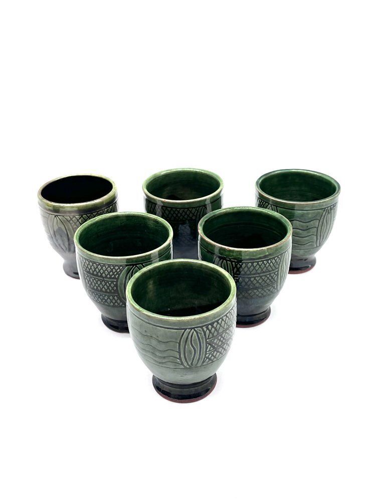 Mid Century Modern Ceramic Set Pitcher And Mugs With Sgraffito Decoration, Italy, 1960s, Set Of 7 photo Home Decor