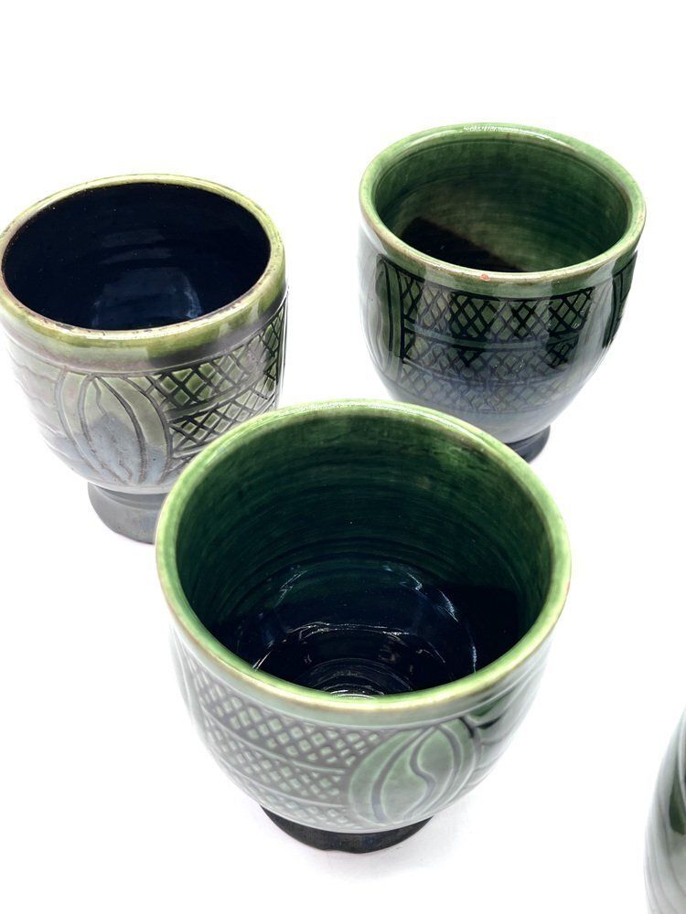 photo furniture Mid Century Modern Ceramic Set Pitcher And Mugs With Sgraffito Decoration, Italy, 1960s, Set Of 7
