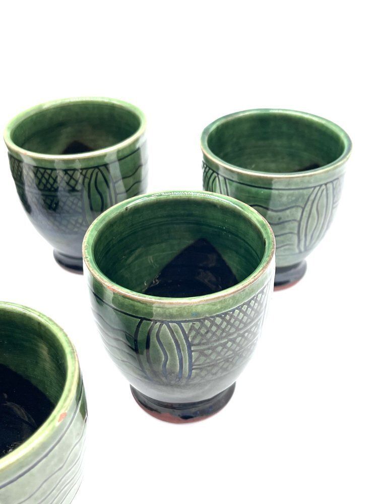 Home Decor Mid Century Modern Ceramic Set Pitcher And Mugs With Sgraffito Decoration, Italy, 1960s, Set Of 7 photo