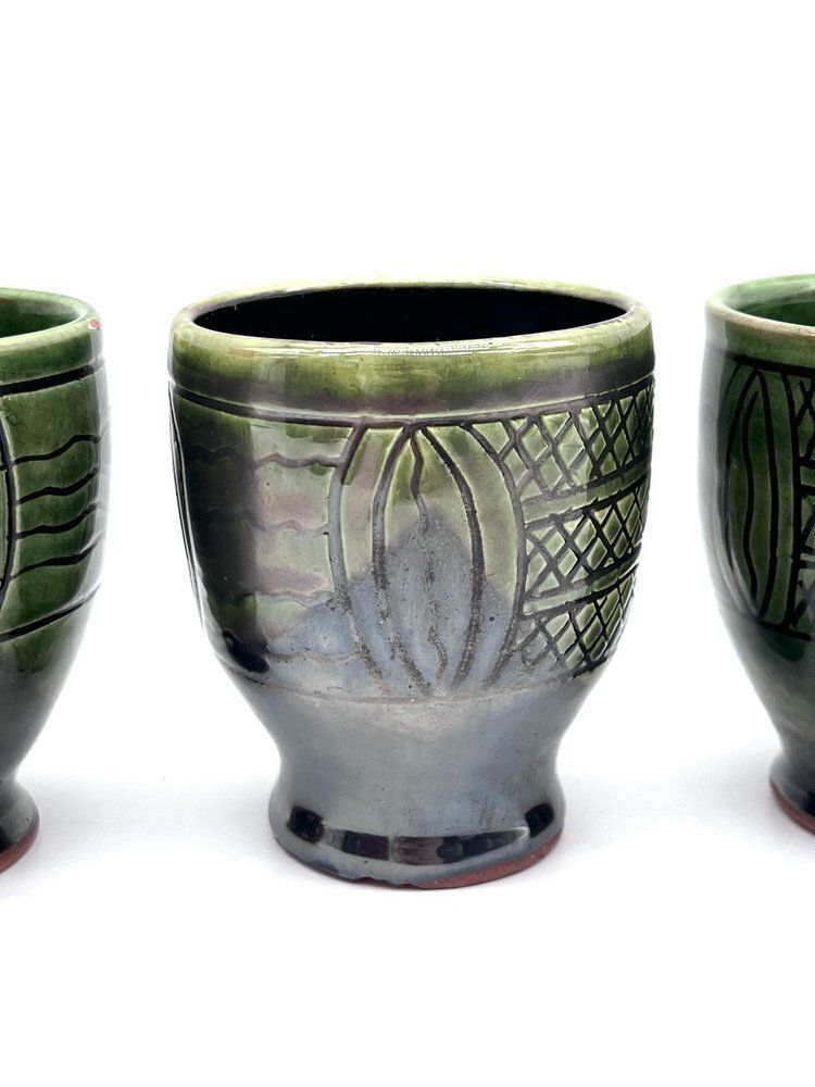 363.0 Mid Century Modern Ceramic Set Pitcher And Mugs With Sgraffito Decoration, Italy, 1960s, Set Of 7 photo