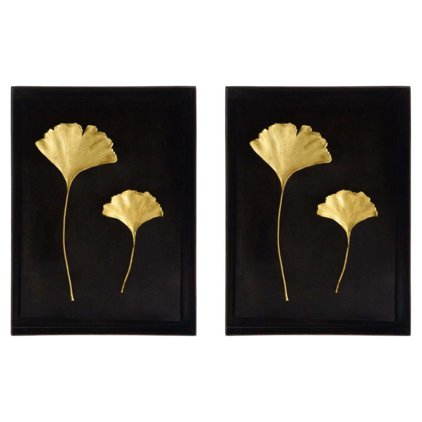 Pair Of Handmade Golden Ginkgo Leaf Shadow Boxes, Contemporary Style