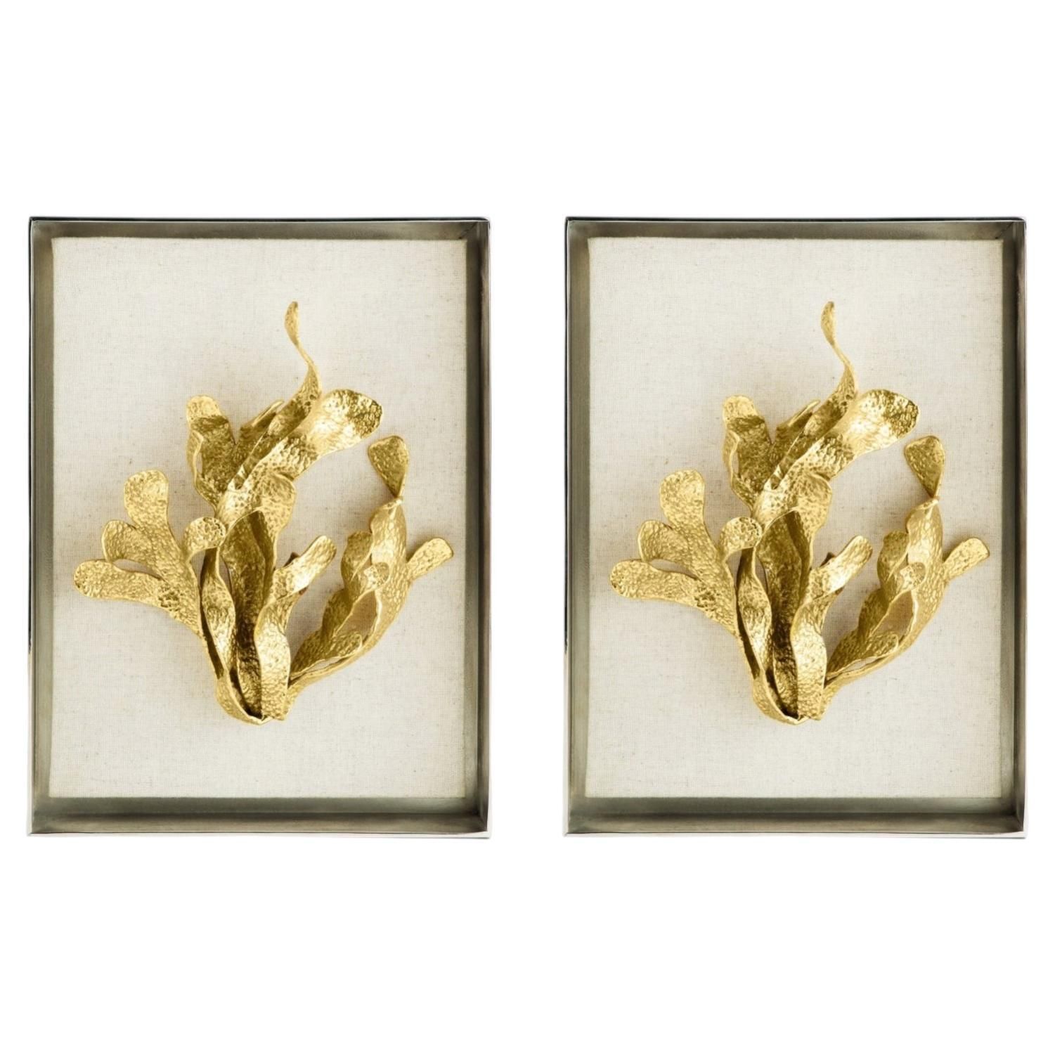 Pair Of Kelp Fabric Shadow Boxes In Brass, Nickel And Fabric