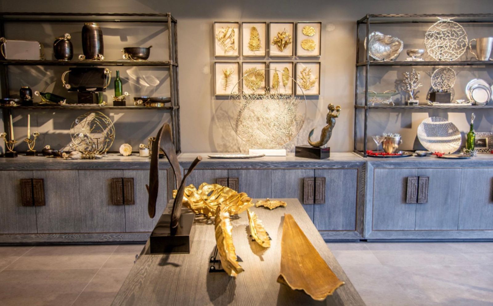 Pair Of Kelp Fabric Shadow Boxes In Brass, Nickel And Fabric photo for sale