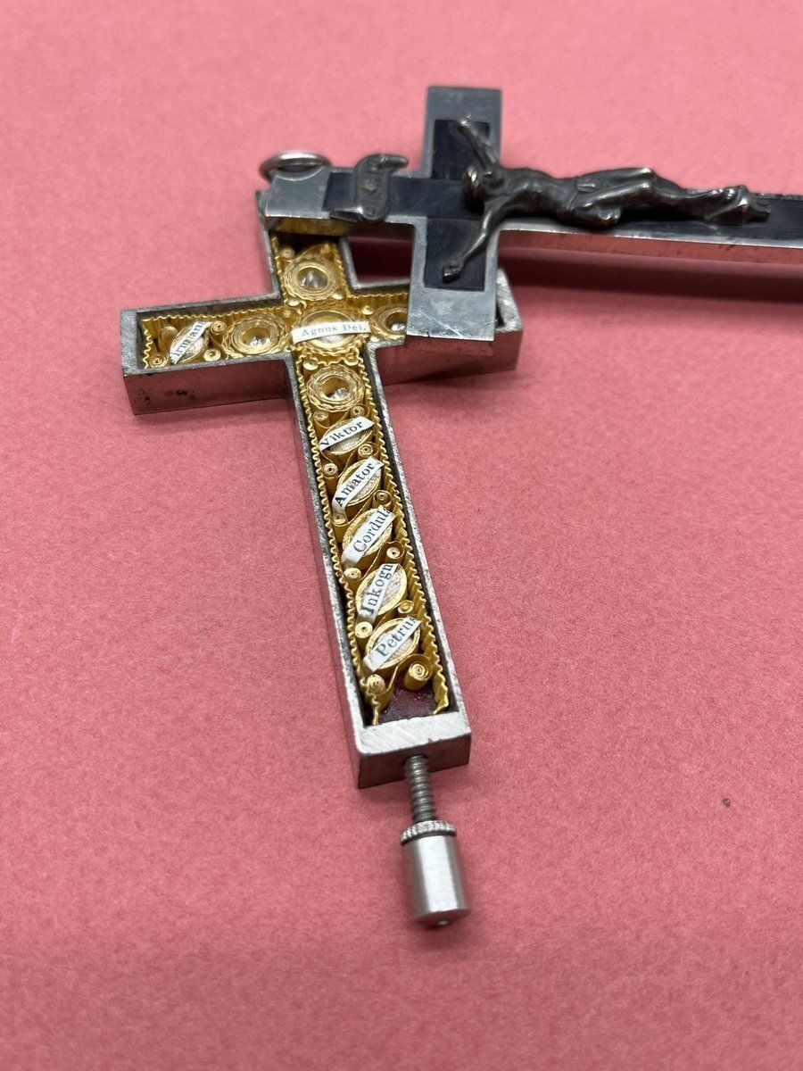 photo furniture Renaissance Revival Reliquary Cross, Ebony With Intricate Paperole Monastic Filigree Work And Agnus Dei, Ca. 1870