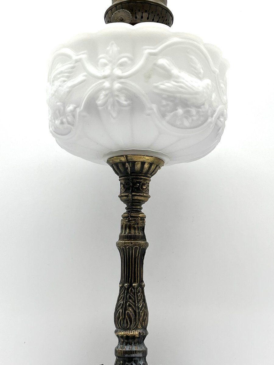 photo for sale French Art Nouveau Kerosene Lamp In Cast Brass And Opal Glass, 1890s
