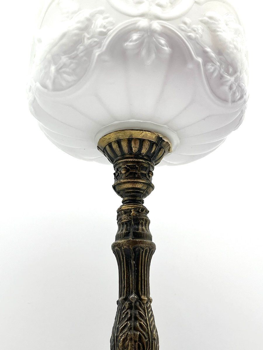 Lighting French Art Nouveau Kerosene Lamp In Cast Brass And Opal Glass, 1890s photo