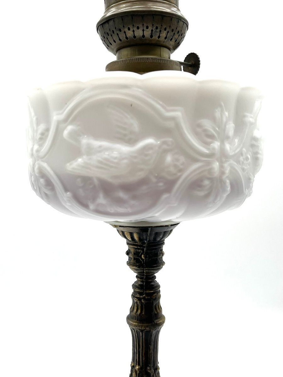 photo buy French Art Nouveau Kerosene Lamp In Cast Brass And Opal Glass, 1890s