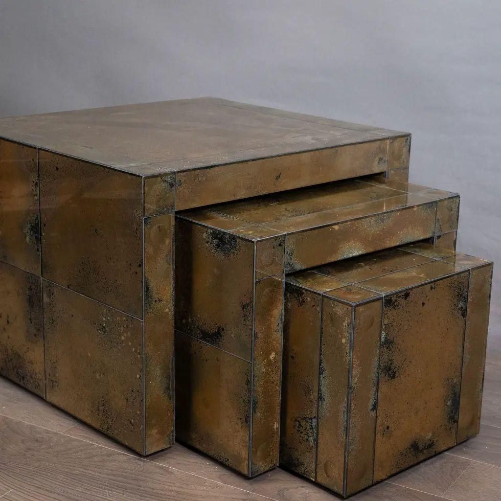 Set Of Three Gold Oxidized Mirror Nesting Tables Seventies Style photo Furniture