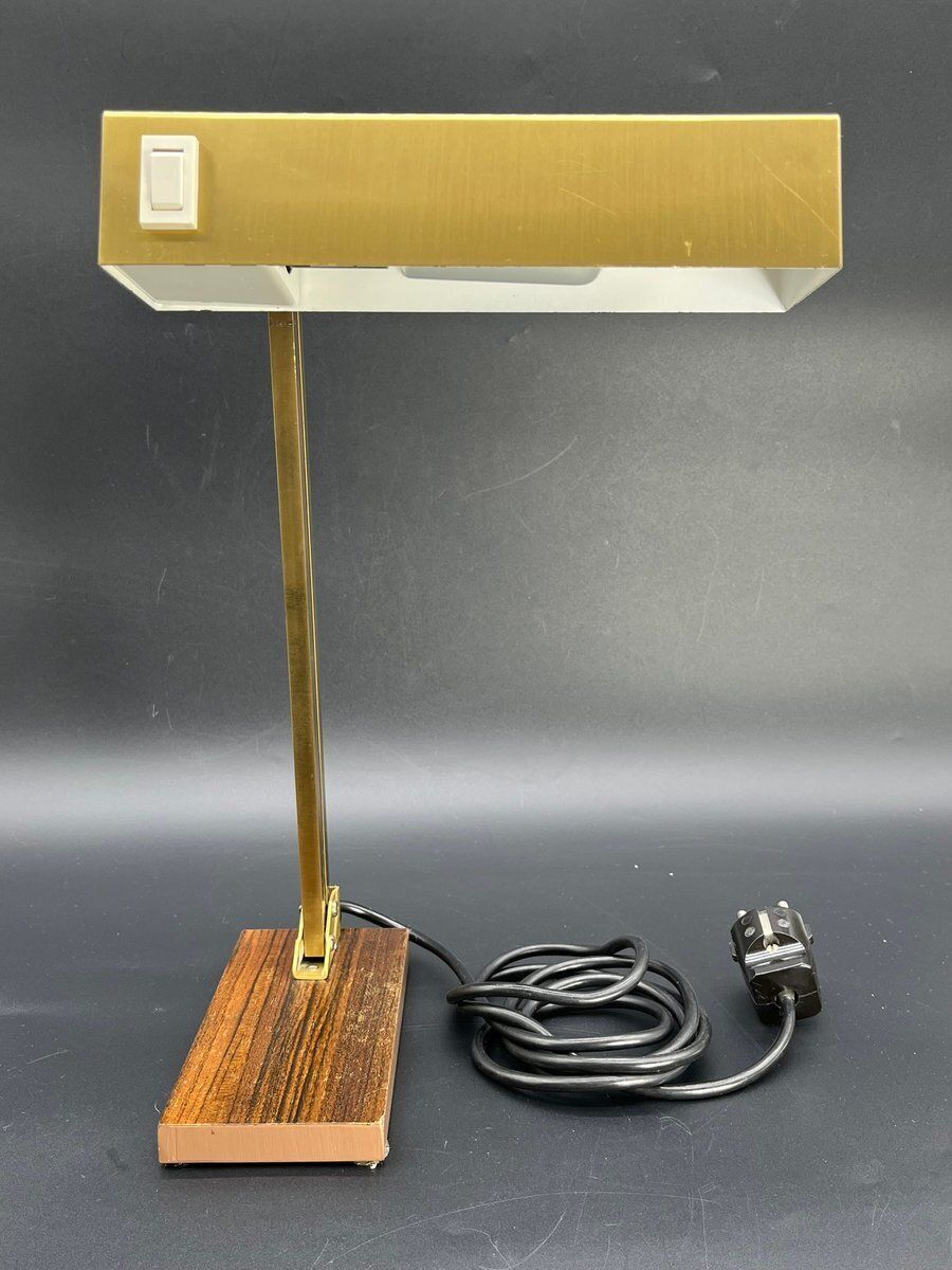 Vintage Brass Bankers Lamp With Wood Veneer Base By Pfäffle, 1960s photo 837.0