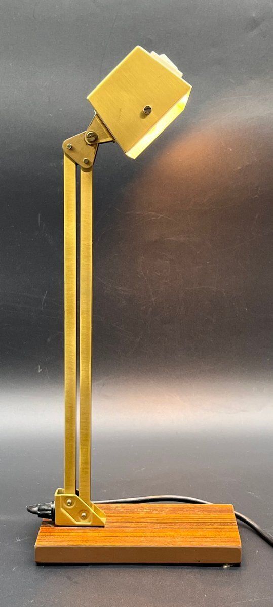 Vintage Brass Bankers Lamp With Wood Veneer Base By Pfäffle, 1960s photo buy