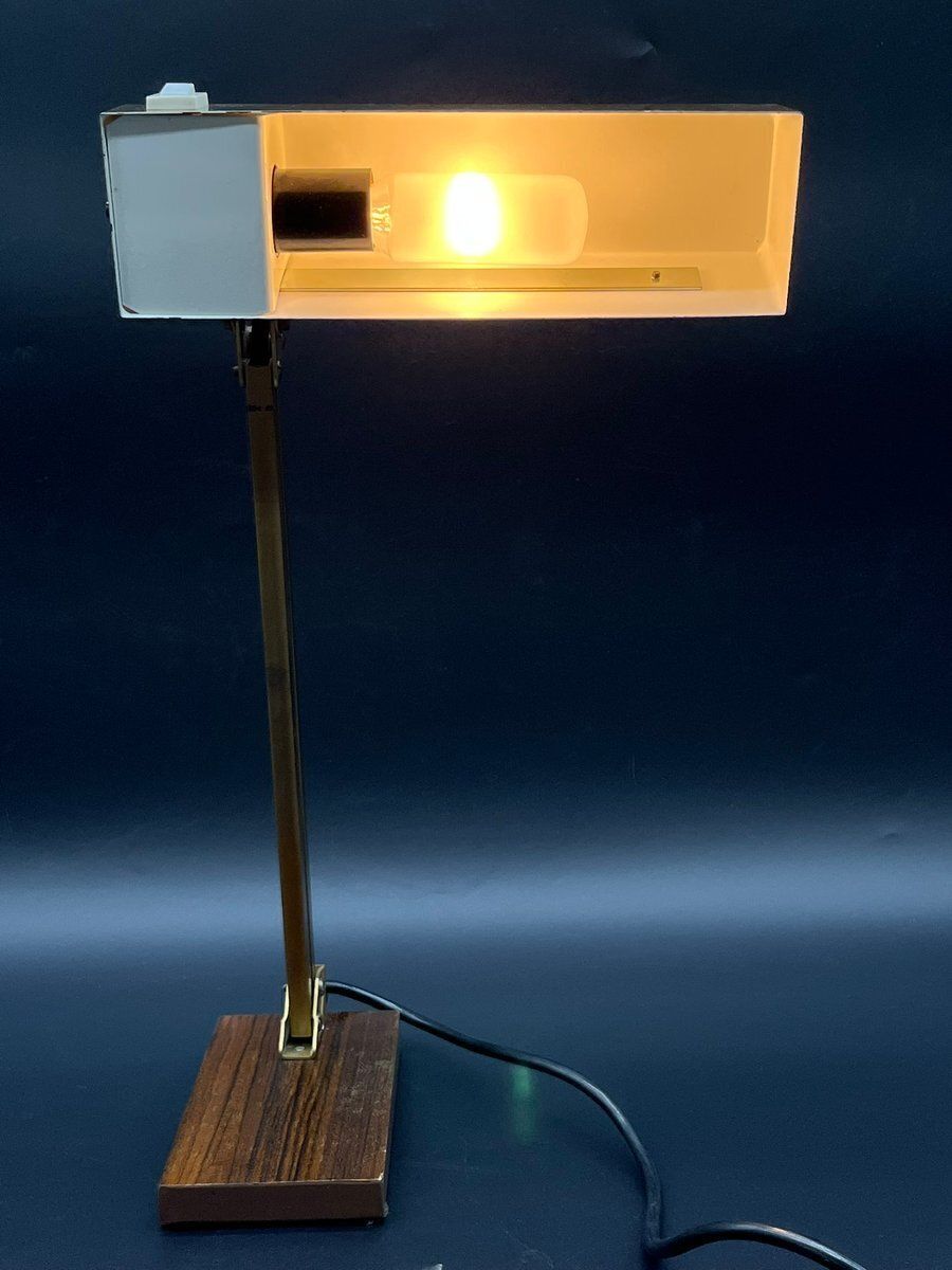 837.0 Vintage Brass Bankers Lamp With Wood Veneer Base By Pfäffle, 1960s photo