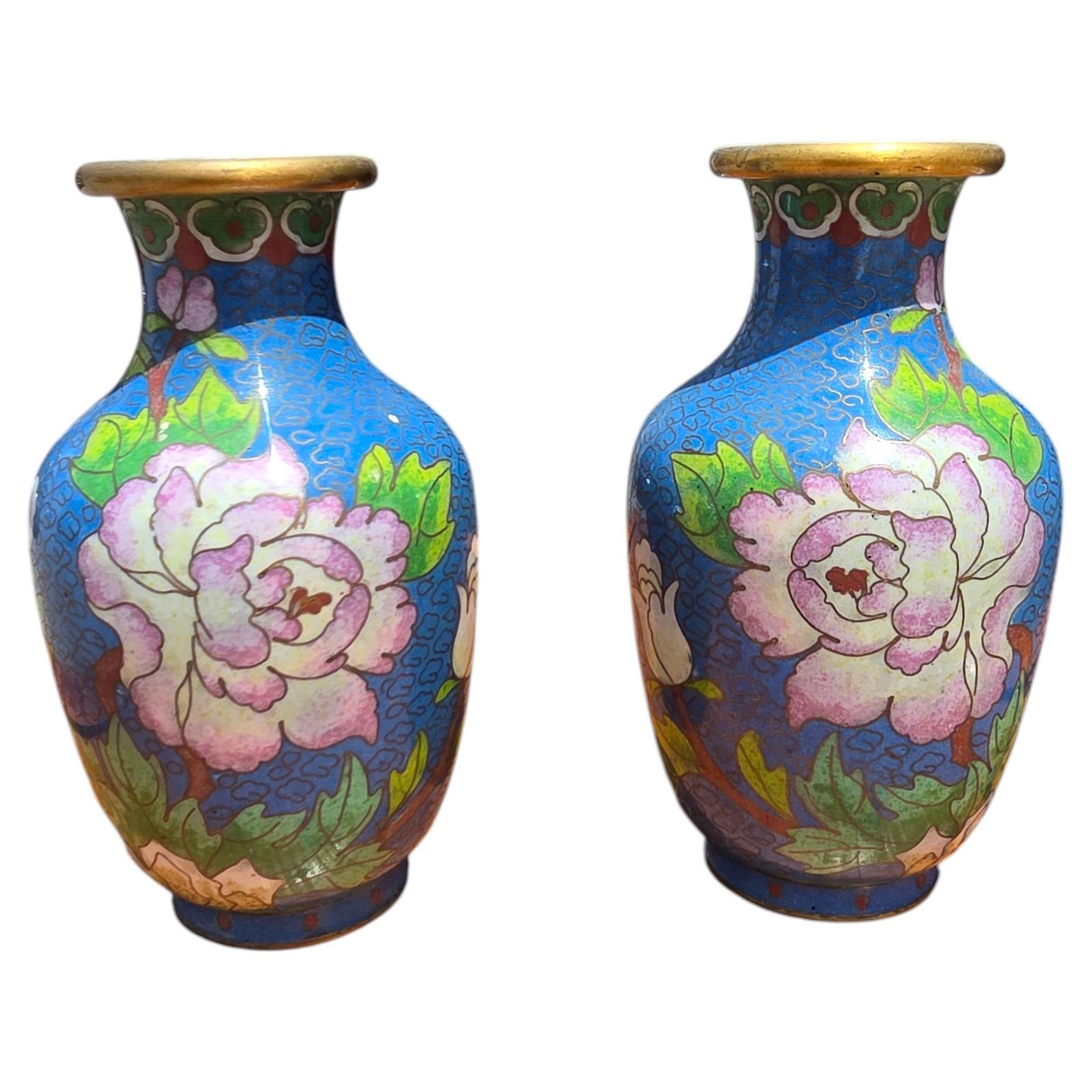 Pair Of Small China Vases In Cloisonné Enamel Colored 1950s