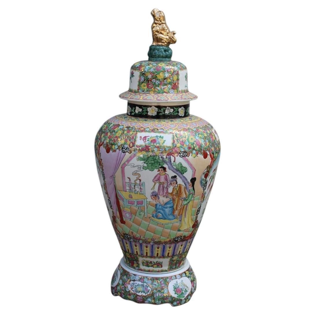 Large Oriental Chinese Floral Vase With Dragons In 24kt Gold  Qing Dynasty