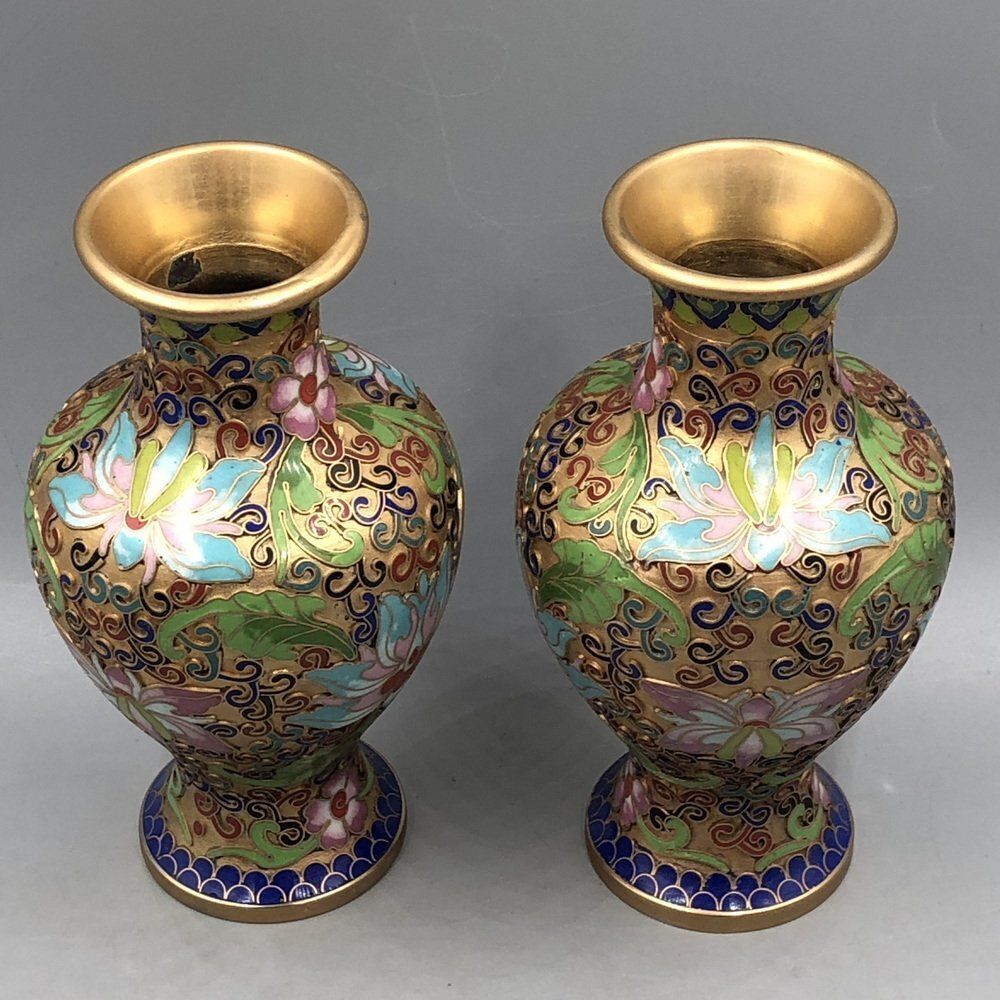 Champlevé Cloisonné Vase, China, 1900s, Set Of 2 photo Home Decor