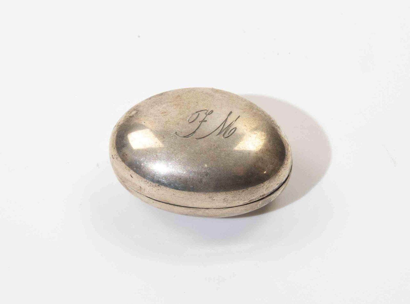 Silver Oval Pill Box Or Vinaigrette Case With Monogram, 1960s photo for sale