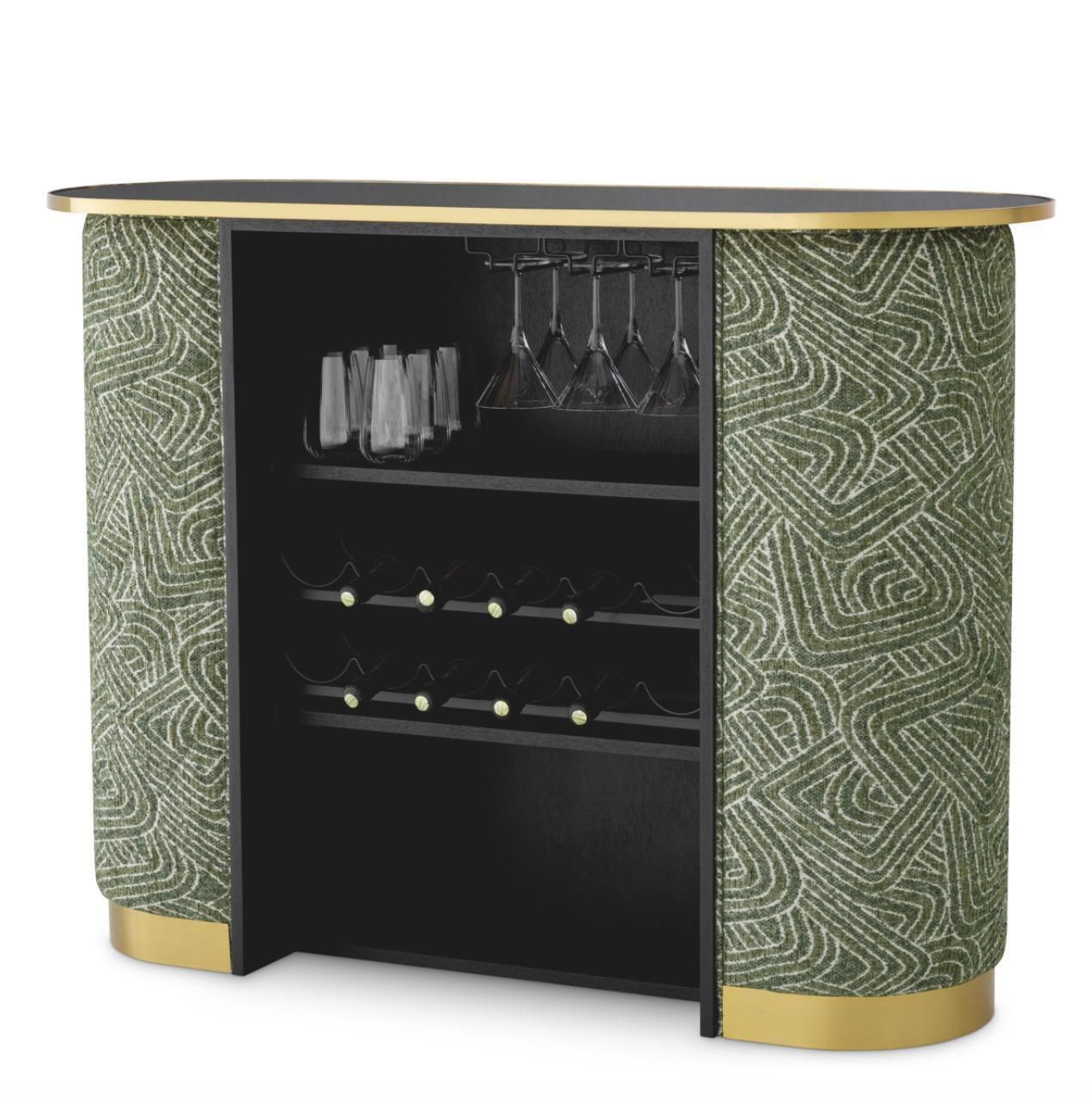 Oval Bar In Brushed Brass Black Glass And Camari Green Fabric photo Furniture
