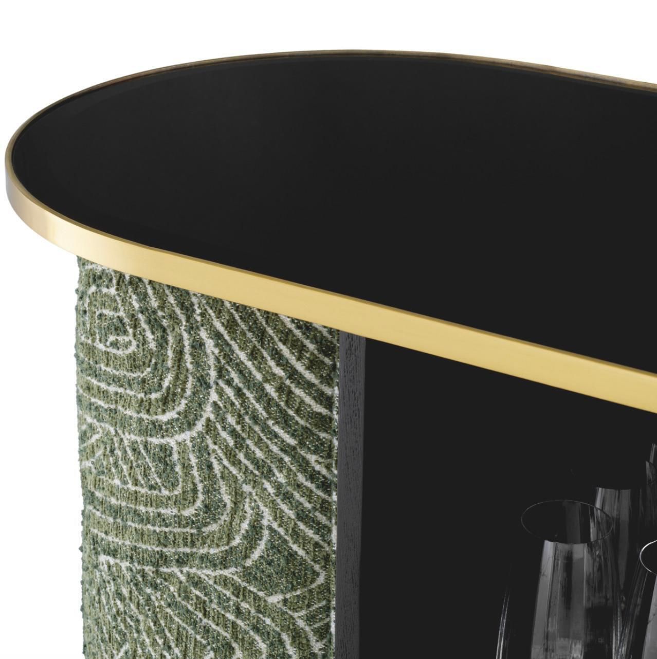 photo furniture Oval Bar In Brushed Brass Black Glass And Camari Green Fabric