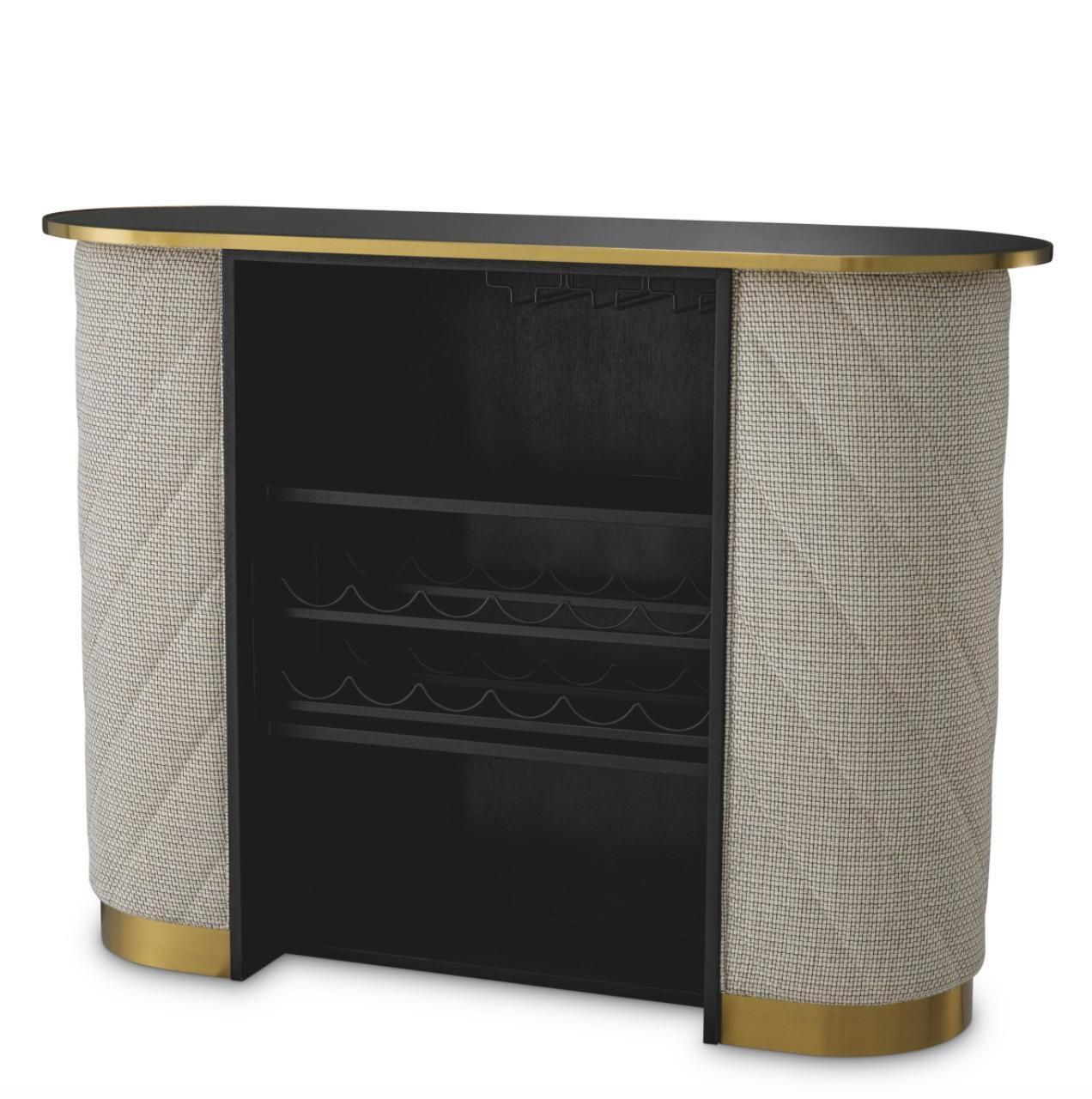 Oval Bar Brushed Brass Black Beveled Glass Forrester Off White Fabric photo 4384.71
