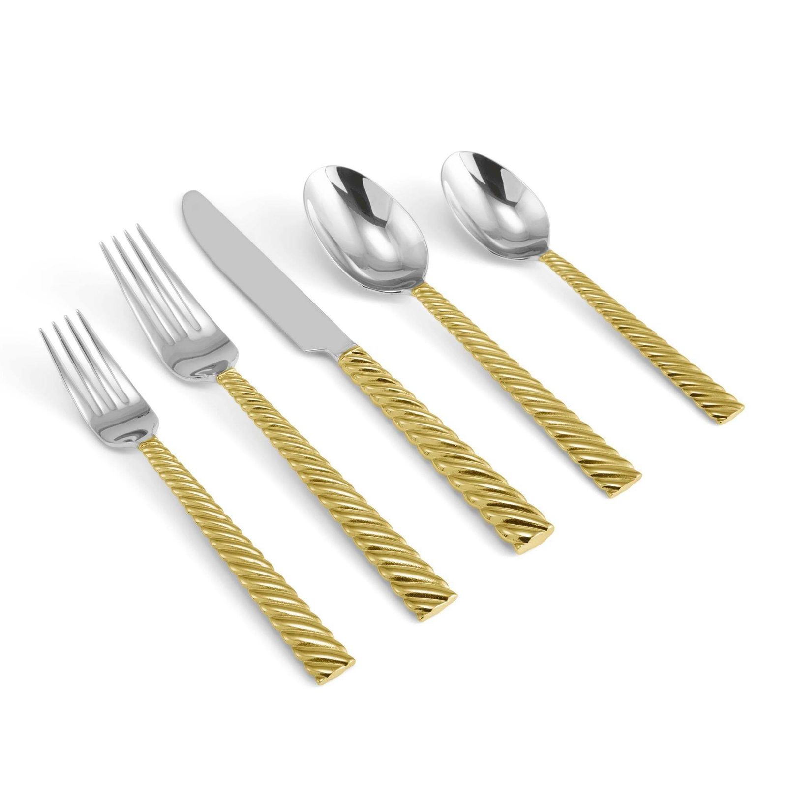 Ten Set Of 5 Piece Contemporary Gold Stainless Steel Twist Handle Flatware photo for sale