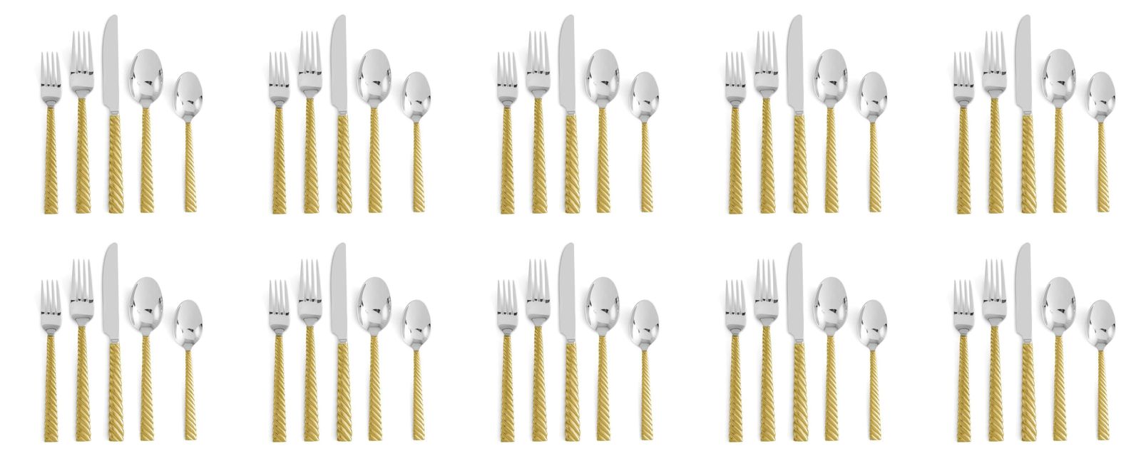 Ten Set Of 5 Piece Contemporary Gold Stainless Steel Twist Handle Flatware photo 2090.9