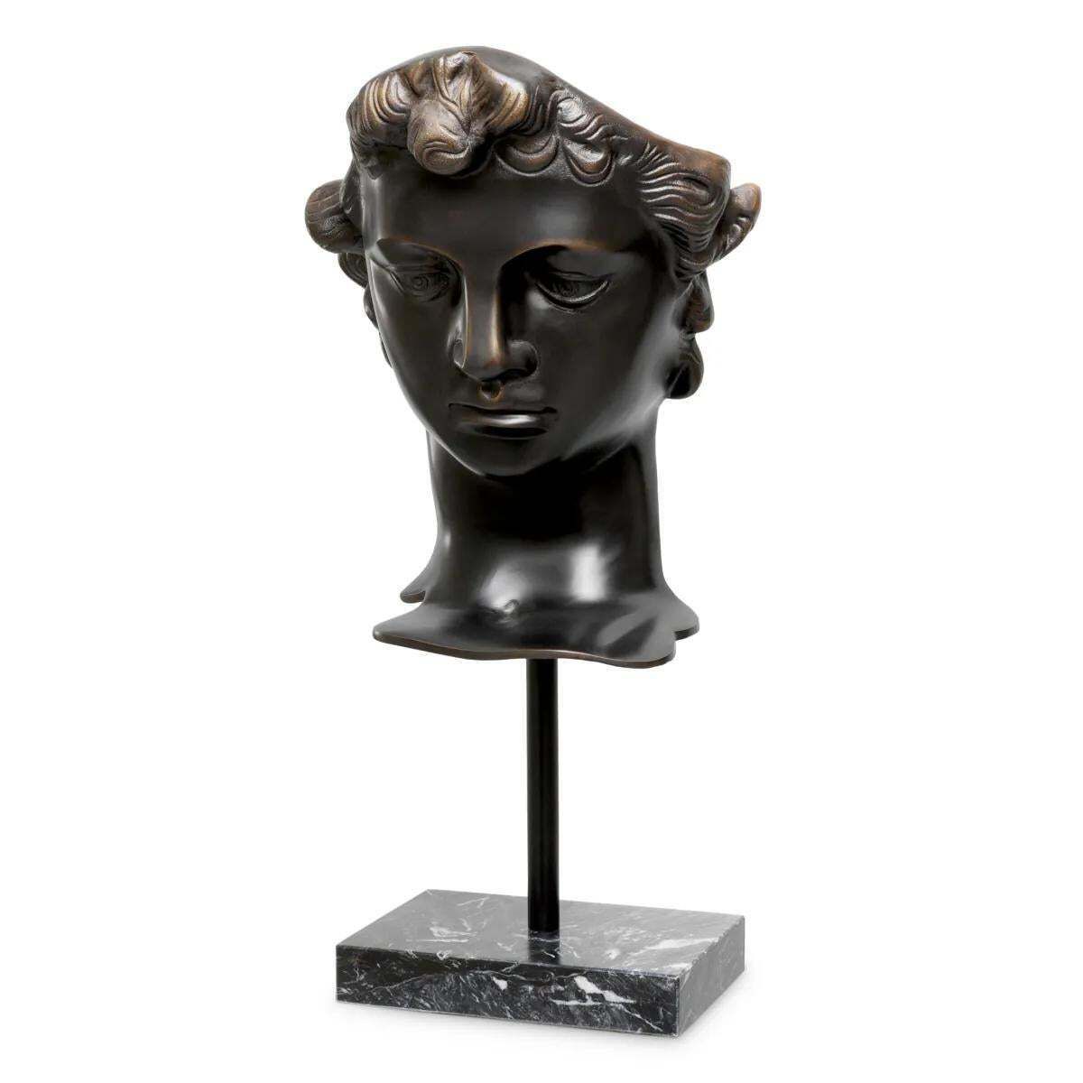 Head David Sculpture In Antique Bronze Finish On Black Marble Base photo vintage