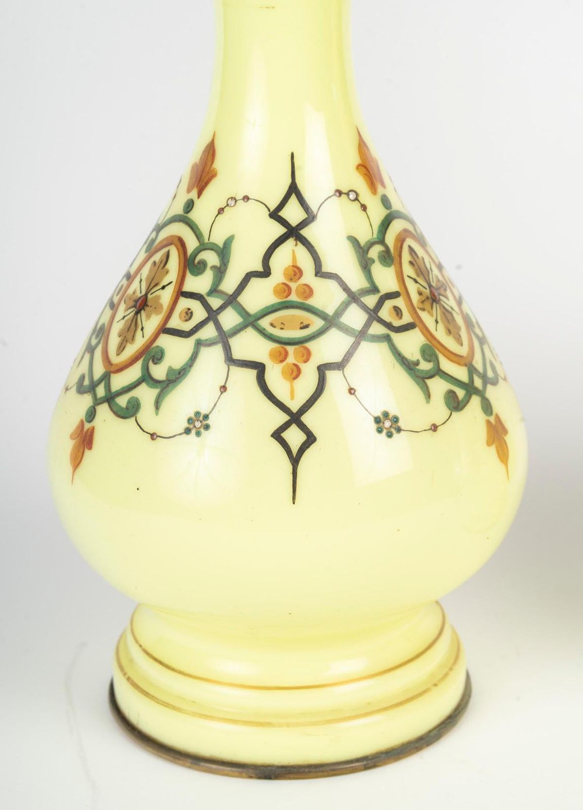 Pair Of Oil Lamps, Painted Opaline Glass With Crystal Shades, 19th Century. photo for sale