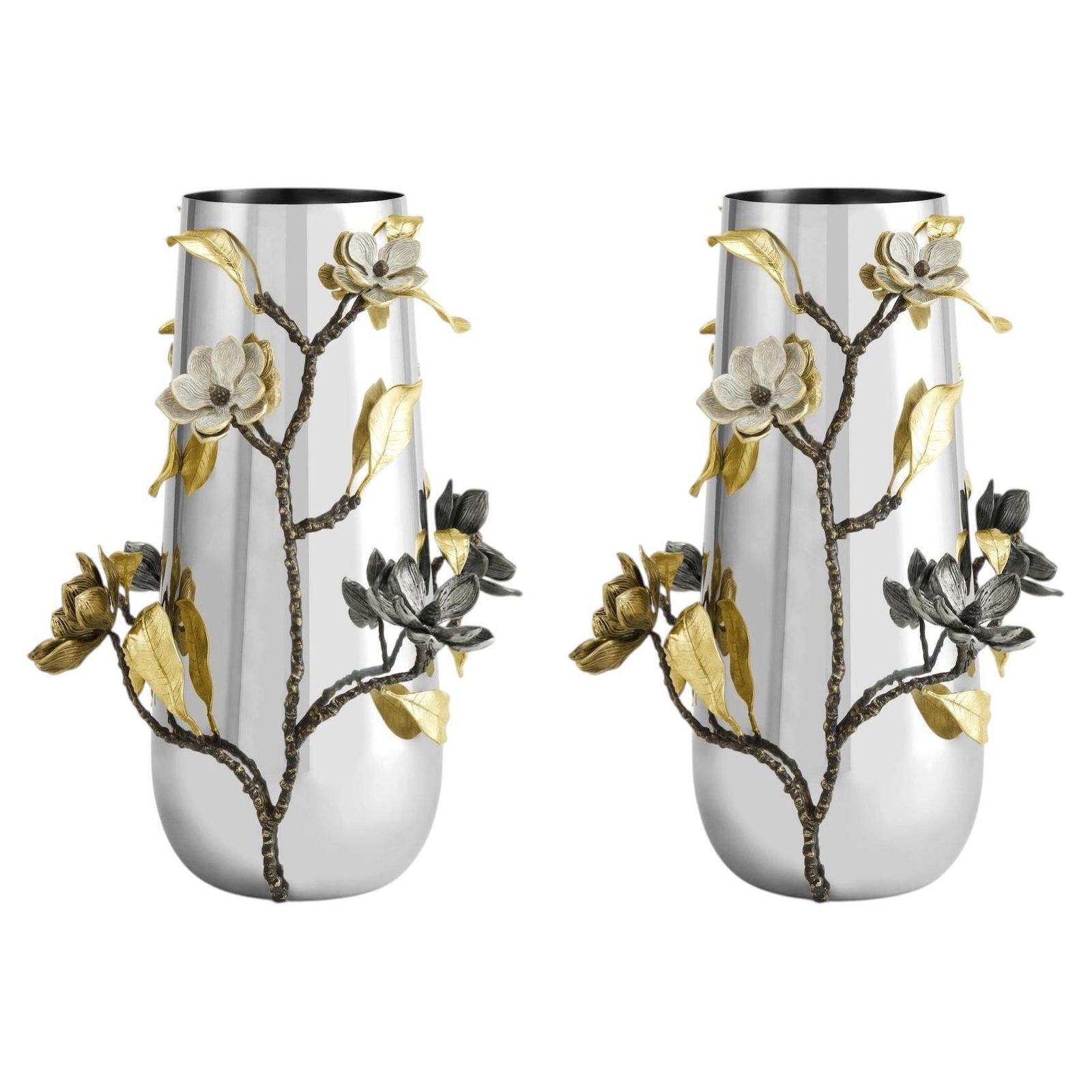 Pair Of Floral Silver & Gold Metal Centerpiece Vase