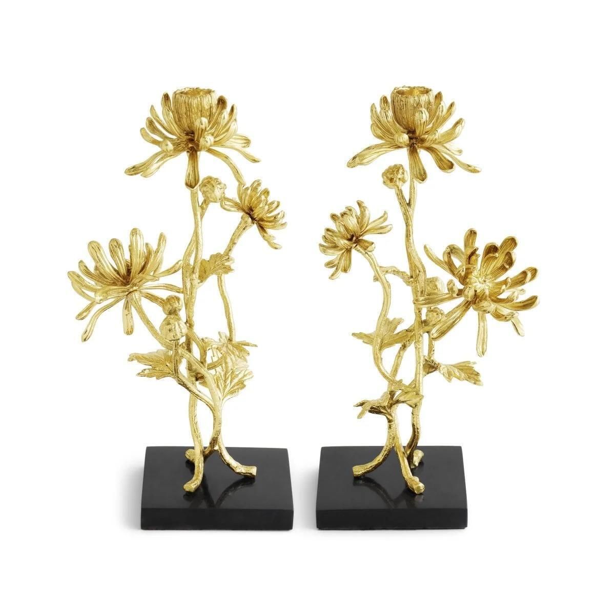 Pair Of Contemporary Gold Metal Dahlia Candleholders photo vinterior