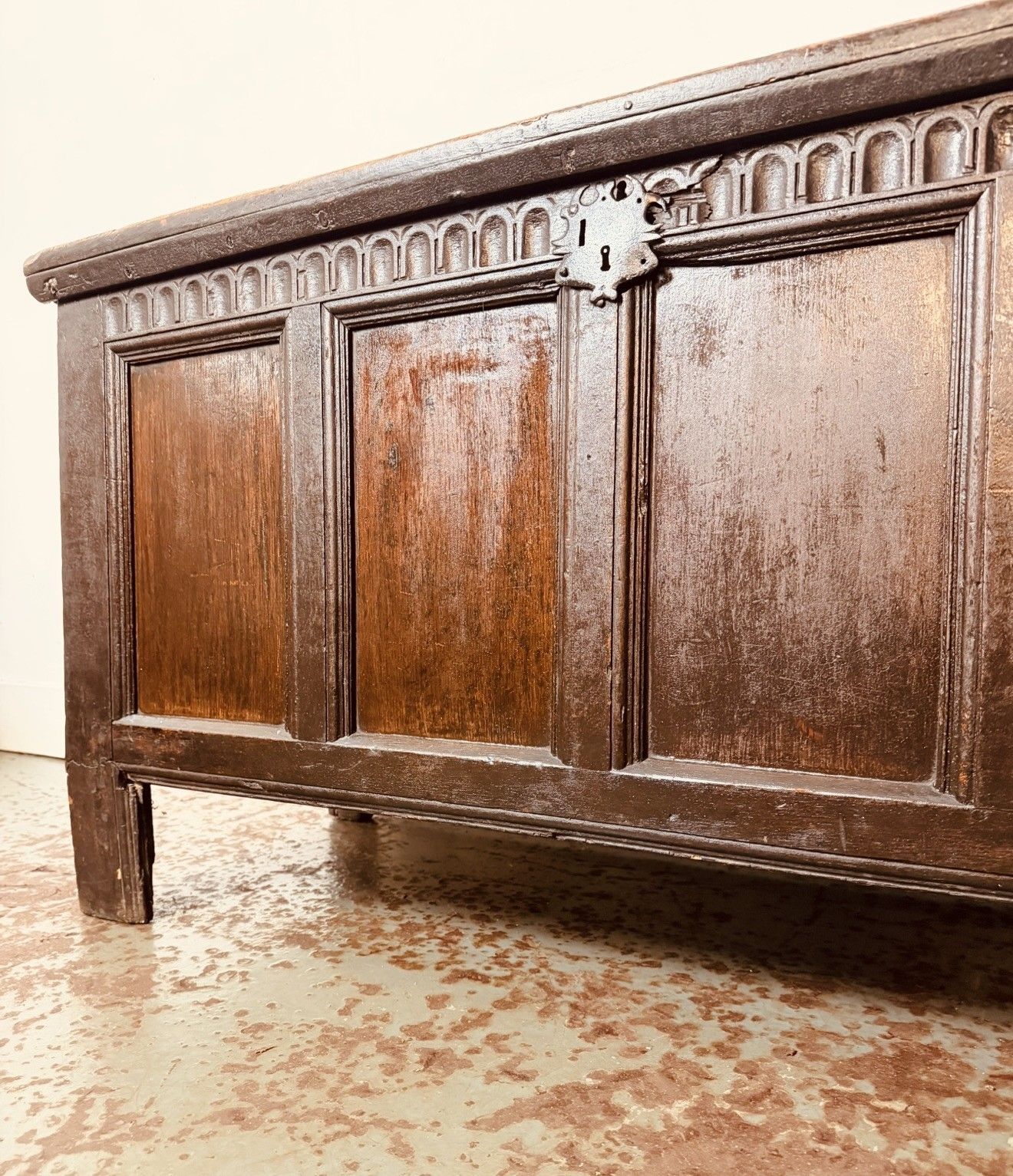 A Rare & Beautiful 320 Year Old James II Antique Oak Panelled Coffer C1690 photo for sale