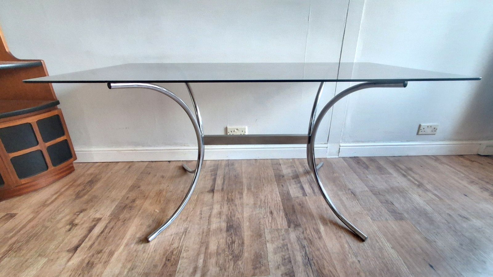 Original 1970's Italian Chrome & Smoked Glass Mid Century Dining / Kitchen Table photo for sale