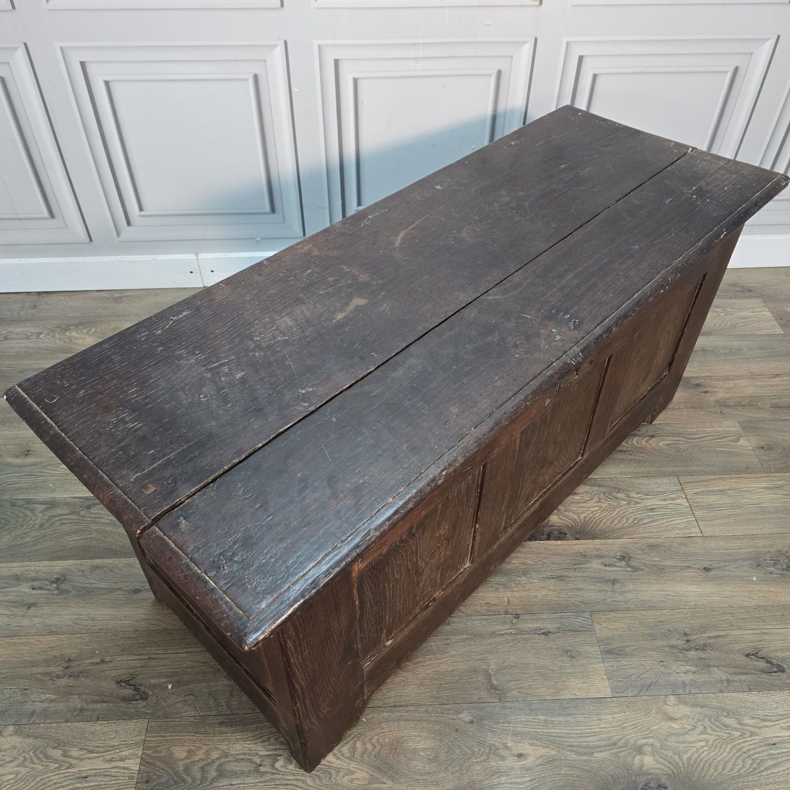 Antique Oak Coffer Trunk Panelled Blanket Box Chest 18th Century Solid Wood photo for sale