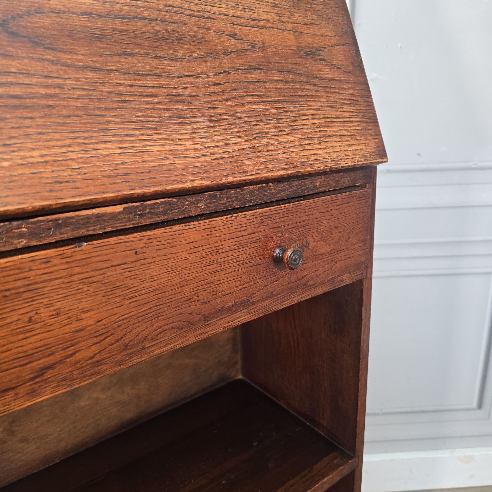 Antique Oak Bureau Bookcase Narrow Fall Front Students Writing Desk Solid Wood photo 270.0