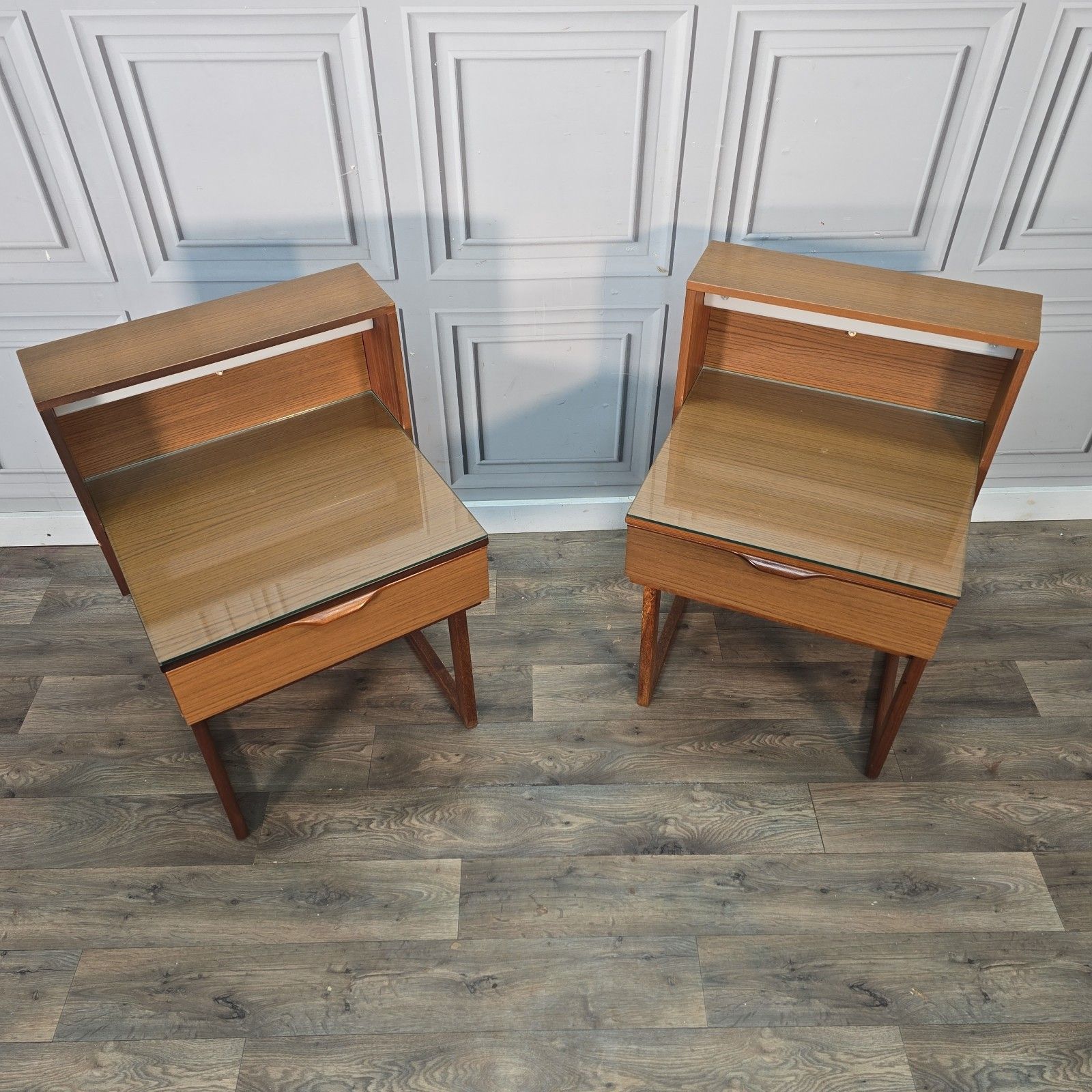 Pair Mid Century Bedside Cabinets Tables Teak Effect Retro Vintage Nightstands photo Furniture