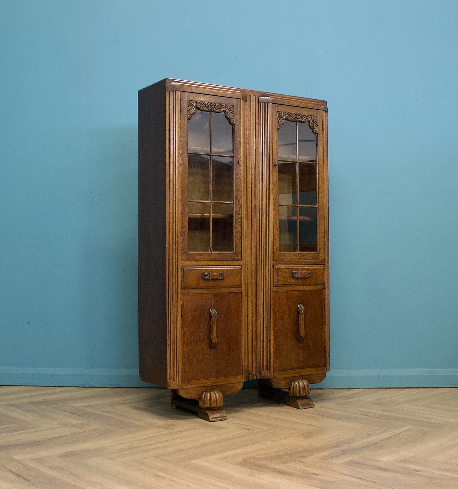Vintage Oak Art Deco Glazed Bookcase Display Cabinet, 1930s #1779 photo furniture