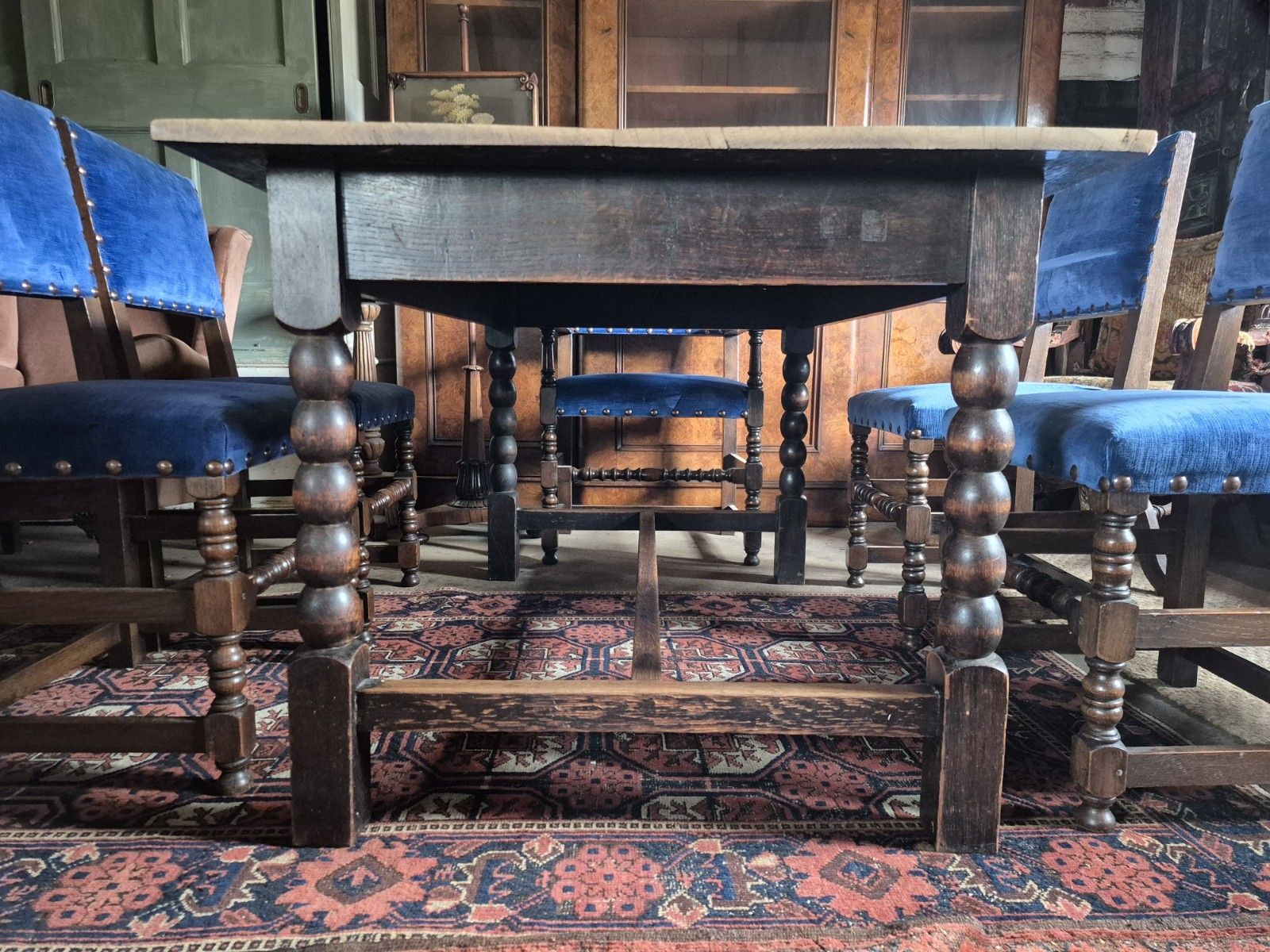 photo for sale Very Handsome 1930s Bobbin Turned Oak Jacobean Revival H Stretcher Dining Table