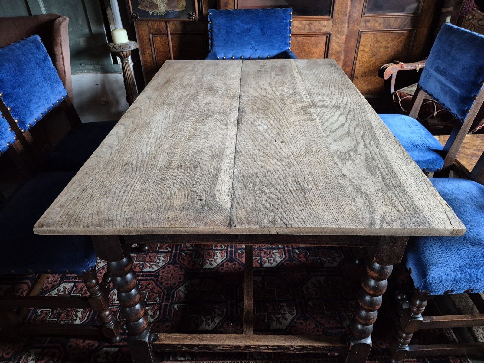 345.0 Very Handsome 1930s Bobbin Turned Oak Jacobean Revival H Stretcher Dining Table photo