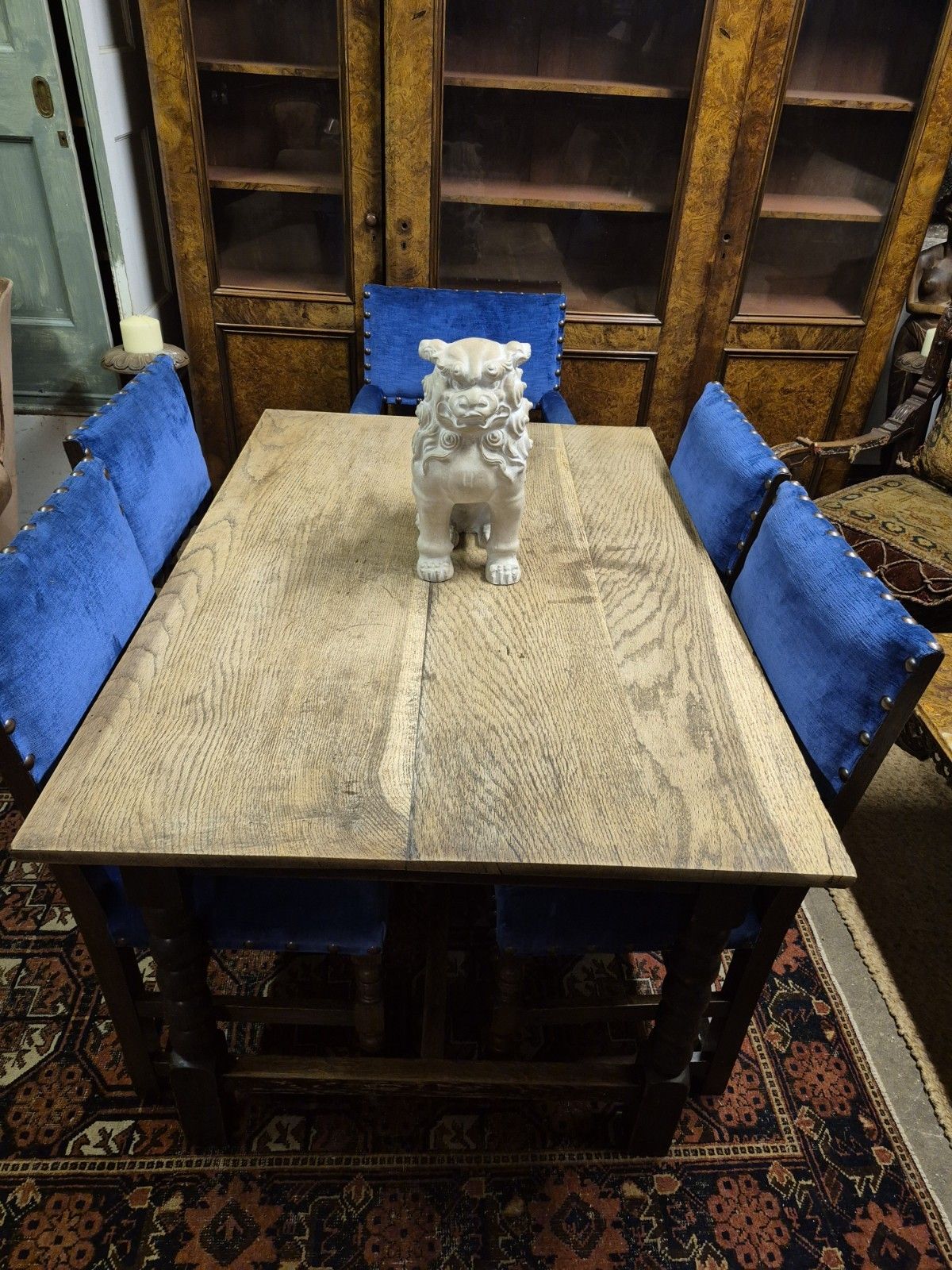 photo buy Very Handsome 1930s Bobbin Turned Oak Jacobean Revival H Stretcher Dining Table