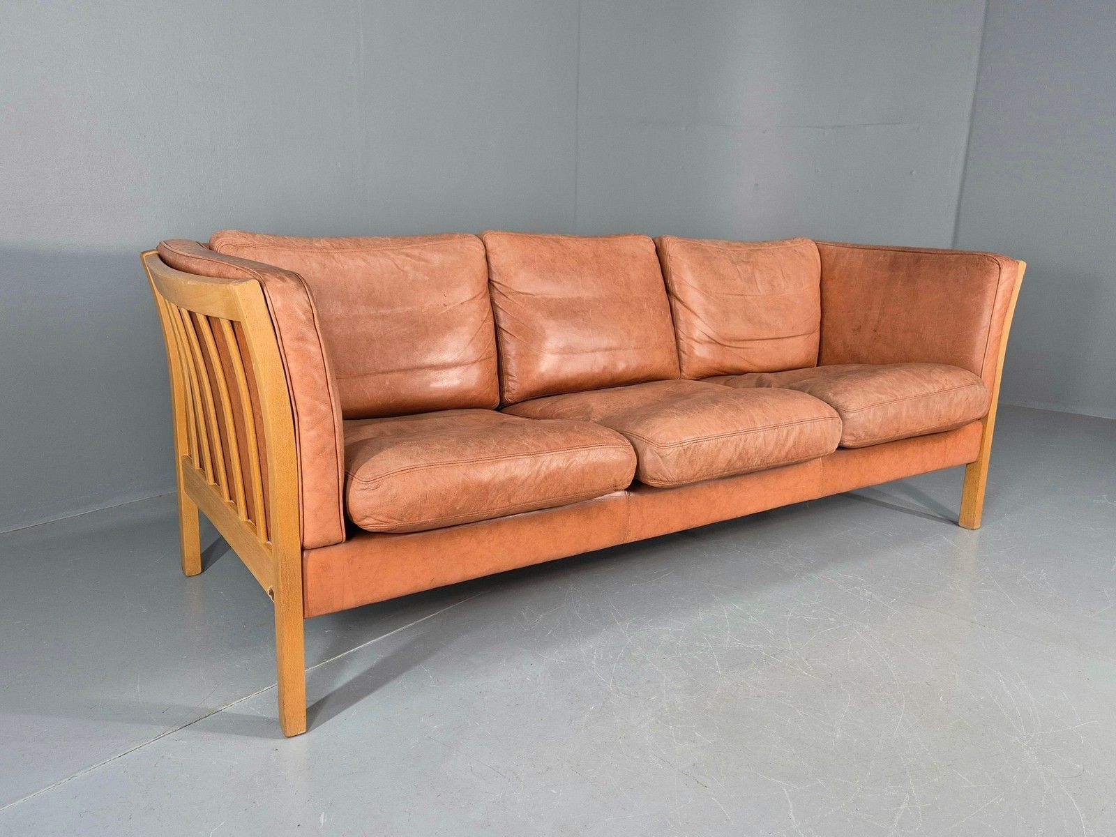 Vintage 3 Seater Sofa Tan Leather Stouby Style 1980s Retro Mcm Eb10104