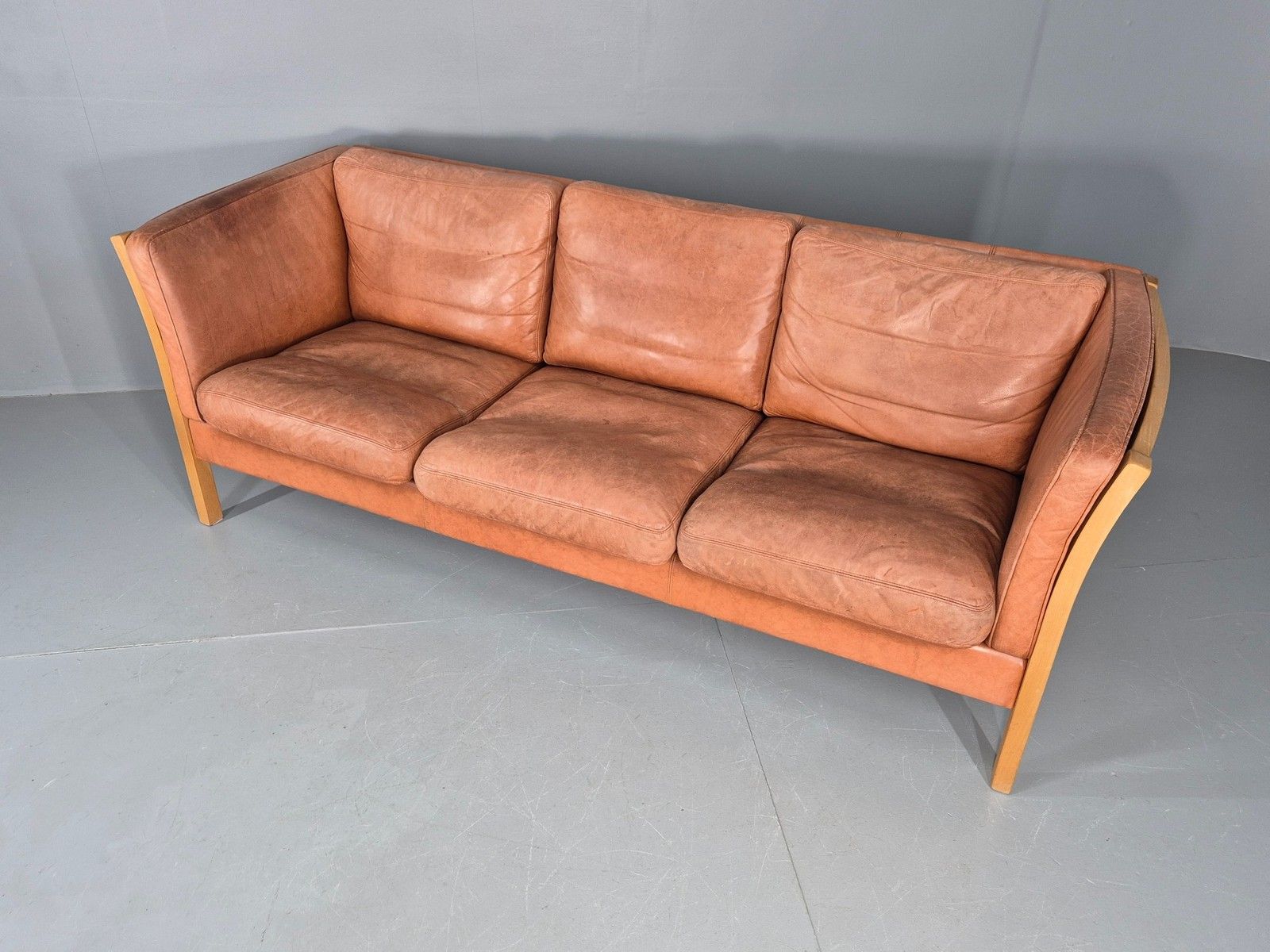Vintage 3 Seater Sofa Tan Leather Stouby Style 1980s Retro Mcm Eb10104 photo vinterior