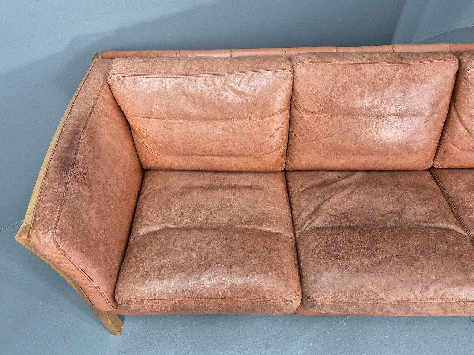 Vintage 3 Seater Sofa Tan Leather Stouby Style 1980s Retro Mcm Eb10104 photo vintage