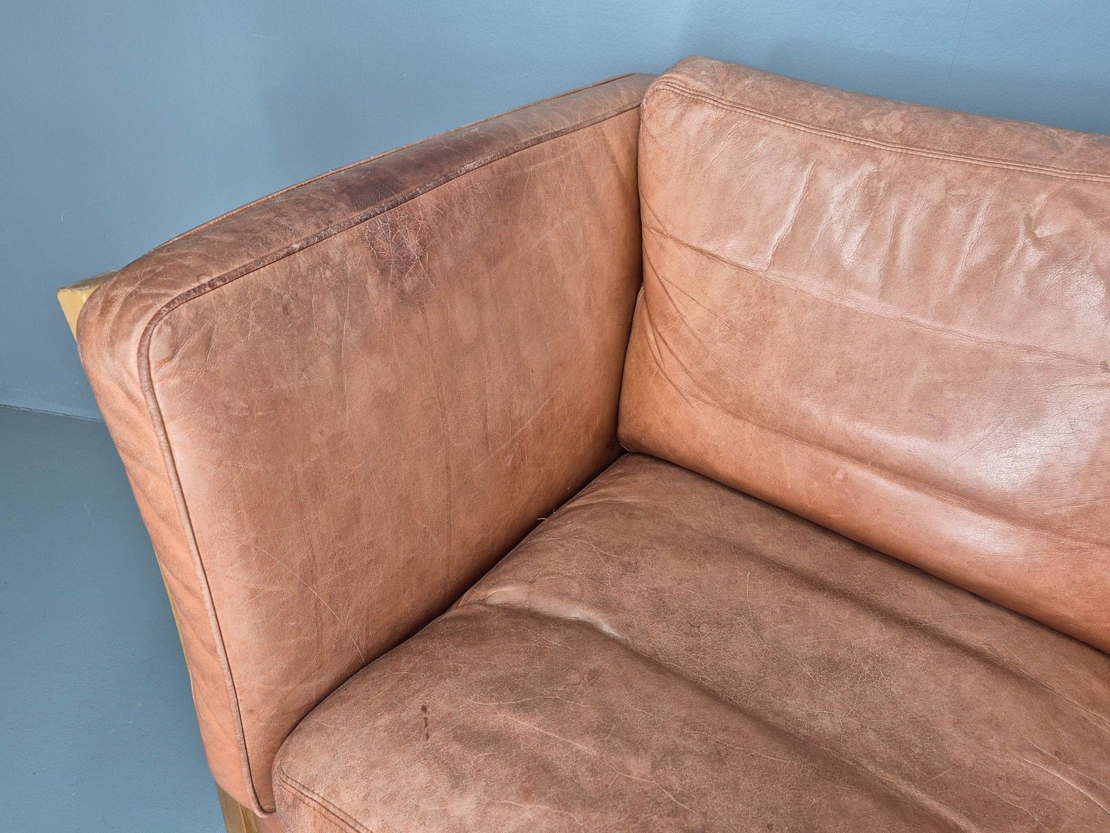 photo for sale Vintage 3 Seater Sofa Tan Leather Stouby Style 1980s Retro Mcm Eb10104