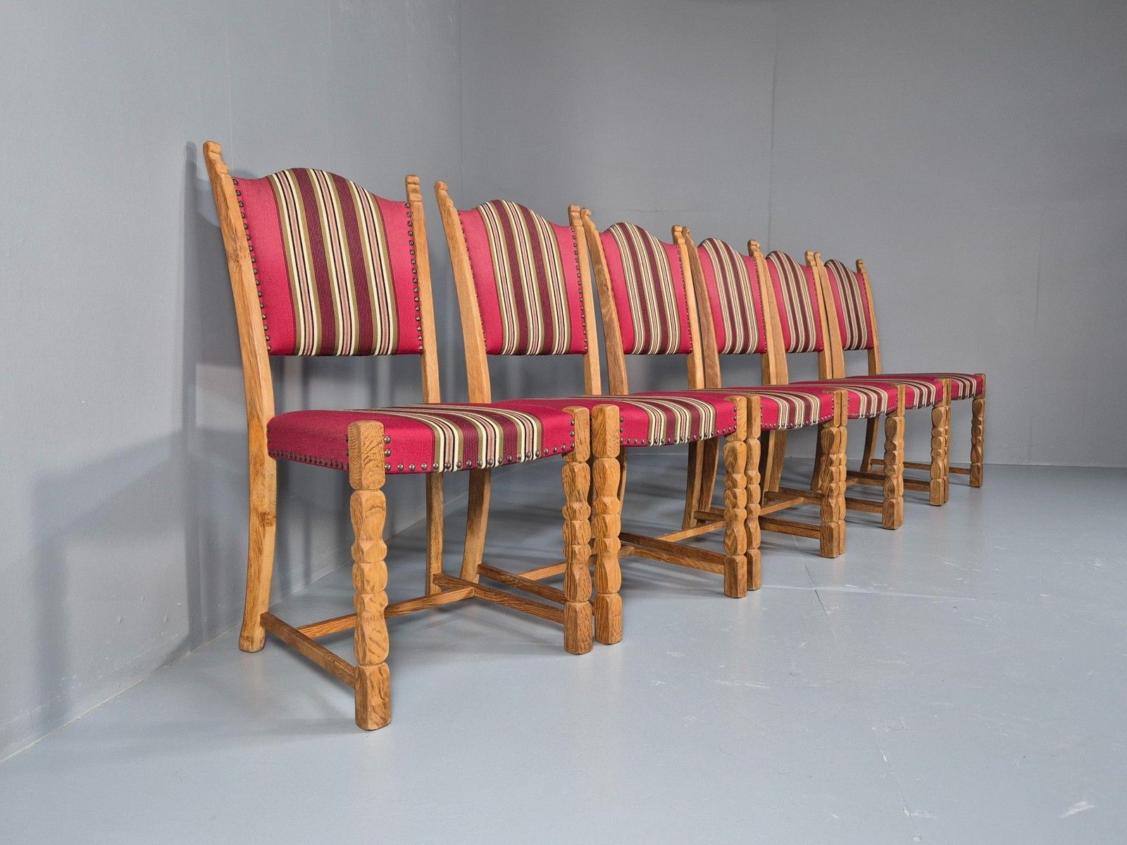 6 Vintage Kjaernulf Style Danish Oak Dining Chairs 1970s Retro Red Wool Eb9535