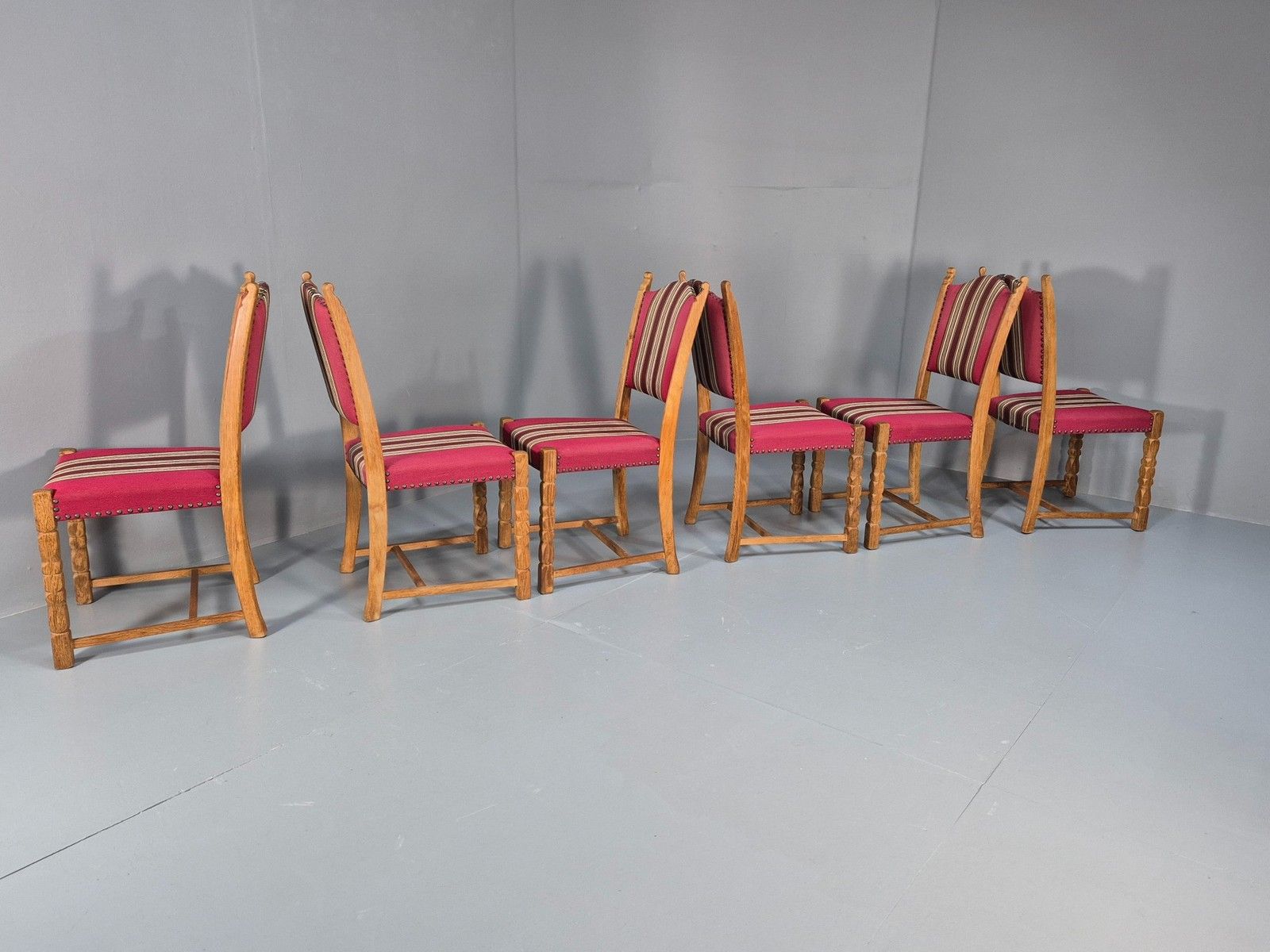 6 Vintage Kjaernulf Style Danish Oak Dining Chairs 1970s Retro Red Wool Eb9535 photo vinterior